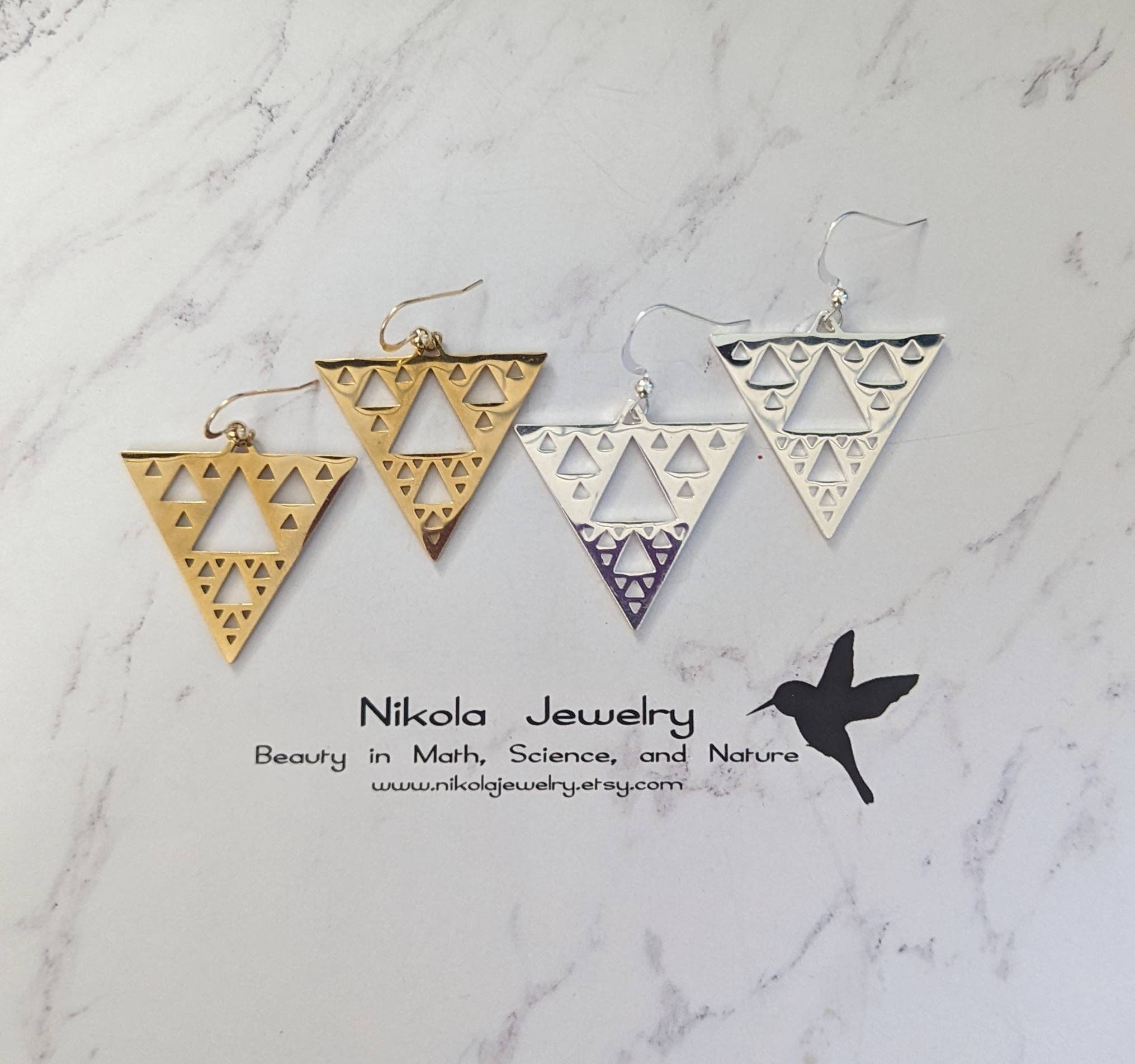 Sierpinski Triangle Earrings in Gold or Silver, Math Earrings, Fractal, Silver Sacred Geometry Earrings, Geometric Jewelry, Math Gift