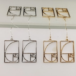 Fibonacci Golden Spiral Silver or Gold Earrings, Math Jewelry, Wearable Mathematics, Irrational Jewelry, Math Necklace, Gold Fibonacci