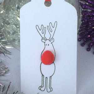 Set van 10 Rudolph Red Bobble Nosed Reindeer kerstcadeaukaartjes, kerstcadeaukaartjes, huidige tags, leuke leuke tags, kerstkaartjes
