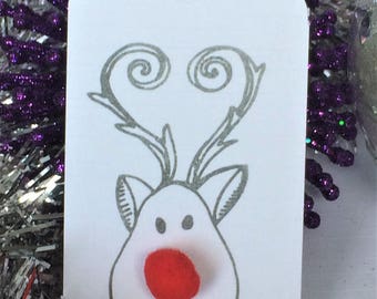 Set of 10 Cute Rudolph Bobble Nose Gift Tags,Christmas Gift Tags,Fun Reindeer Gift Tags,Xmas Gift Tags,Handmade,Gift Tags, Tags,Present Tags