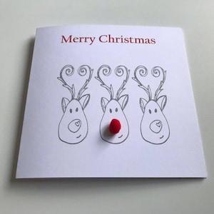 Cartão de Feliz Natal feito à mão - Cartão Rudolph, Cartão de Natal divertido, Pom pom, Cartões para ele, Cartões para ela,
