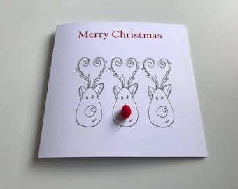 Handmade Merry Christmas Card- Rudolph Card, Fun Christmas Card, Pom pom, Cards For Him, Cards For Her,