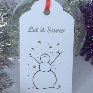 Set di 10 etichette regalo di lusso a forma di pupazzo di neve scintillante, set di !0, etichette regalo di Natale, etichette regalo, etichette di Natale, etichette regalo fatte a mano, etichette regalo scintillanti