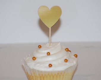 Gold Heart Cupcake Toppers - great for Valentine's Day, Engagement Parties, an Anniversary, Birthday, etc