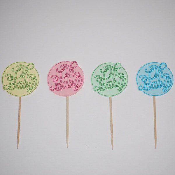Pastel Mix of "Oh Baby" Cupcake Toppers 12 Pack - Great for Baby Showers, Baby Announcement Party, Gender Reveal Parties, Sip and See