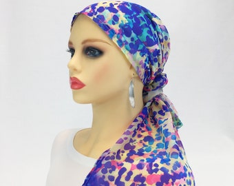 Pañuelo de cabeza de quimioterapia preatado ~ Envoltura de cabeza de Alopeicia, sombrero de quimioterapia, regalo de cáncer ~ chifon pastel ~ Interruptor ajustable ~ Úselo largo o corto # 331