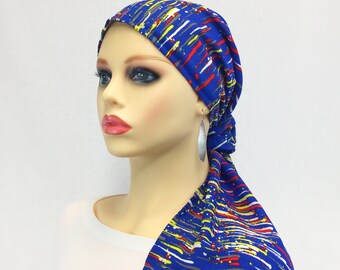 Pre Tied Chemo Kanker Haaruitval Hoofd Sjaal ~ Alopecia Hoofd Wrap ~ Royal Blue Starburst Crêpe ~ Verstelbare Toggle ~ Draag lang of kort # 522