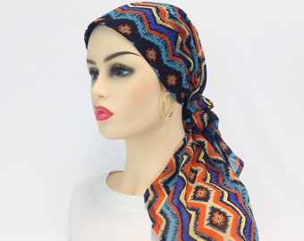 Pre tied Chemo Head Bufanda, Cáncer de mujer, pérdida de cabello, sombrero de chemo, azul/naranja Chevron, palanca ajustable, uso de #178