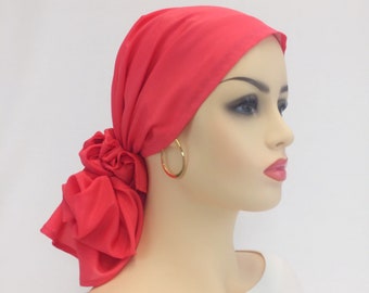 Pre Tied Chemo Head Scarf~Women's Cancer Scarf~Chemo Turban~Silky Coral Fusion Crepe~Adjustable Toggle~Wear it Long or Short#371