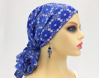 Pre Tied Chemo Head Scarf~Chemo Head Wrap~Cancer Headwear~Chemo Turban~Blue Diamond Crepe~Adjustable Toggle~Wear Long or Short#515