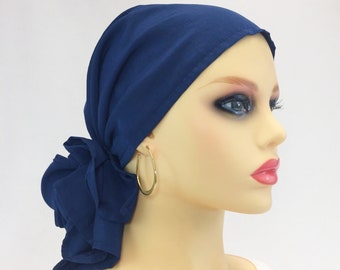 Pre Tied Chemo Head Scarf~Women's Cancer Headwear~Hair Loss Head Cover~Chemo Hat~Midnight Blue Chiffon~Adjustable Toggle~Wear Long/Short #56