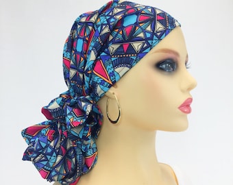 Pre gebonden chemo hoofd sjaal ~ chemo tulband, alopecia hoed ~ hoofd cover haaruitval ~ blauwe Caleidoscoop crêpe ~ verstelbare Toggle ~ dragen lange of korte # 533