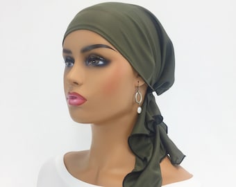Pre Tied Chemo Head Scarf~Women's Cancer Scarves~Chemo Headwear~Turbans~Chemo Gifts~Boho Olive Jersey Knit Scarf#695