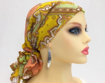 Pre Tied Chemo Alopecia Head Wrap~Chemo Scarves~Cancer Headwear~Chemo Hat~Yellow/Mint/Pink Chiffon~Adjustable Toggle~Wear Long or Short #151