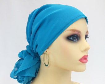 Pañuelo para quimioterapia preatado ~ Sombrero para cáncer de mujer ~ Pérdida de cabello ~ Sombrero para quimioterapia ~ Gasa turquesa ~ Cierre ajustable ~ Para usar largo o corto #351