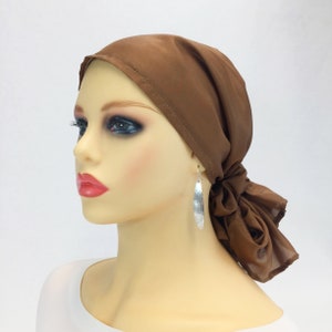 Pre Tied Chemo Head Scarf~Cancer Headwear~Hair Loss Head Cover~Chemo Gift~Ralph Lauren Silk Tobacco~Adjustable Toggle~Wear Long or Short#325
