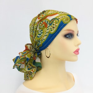 Pre Tied Chemo Cancer Hair Loss Head Scarf~Alopecia Hat~GiftSilky Turq~Orange Paisley Chiffon~Adjustable Toggle~Wear Long or Short#276