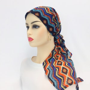 Pre gebonden chemo hoofd sjaal ~ vrouwen kanker Headwear ~ haaruitval ~ chemo Hat ~ blauw/oranje Chevron chiffon ~ verstelbare Toggle ~ slijtage lange of korte #178