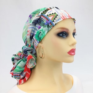 Pre Tied Chemo Head Scarf~Chemo Cancer Hair Loss~Chemo Gift~Chiffon Mint Green & Red Floral Print~Adjustable Toggle~Wear it Long-Short #61