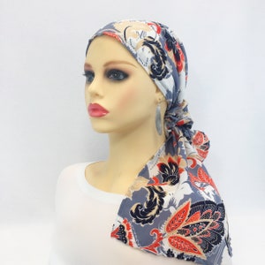 Pre Tied Chemo Head Scarf~Chemo Hat~Alopecia Head Wrap~Chemo Gift~Silky Gray Floral Print ~Adjustable Toggle~Wear it Long or Short#310