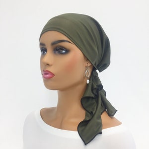 Pre Tied Chemo Head ScarfWomen's Cancer ScarvesChemo HeadwearTurbansChemo GiftsBoho Olive Knit Scarf695 image 1