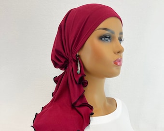 Pre Tied Chemo Head Scarf~Women's Cancer Scarves~Chemo Hats~Caps~Turbans~Chemo Gifts~Boho Maroon Brushed Knit Scarf#1107