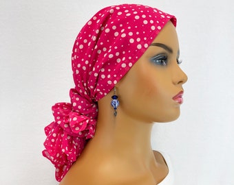 Pre Tied Chemo Head Scarf~Women's Cancer Scarf~Chemo Turban~Sheer Pink Polka Dot Chiffon~Adjustable Toggle~Wear it Long or Short#1001