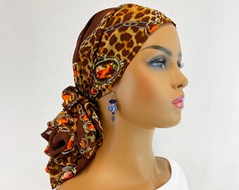 Pre Gebonden Chemo Hoofd Sjaal ~ Chemo Head Wrap ~ Cancer Headwear ~ Chemo Tulband ~ Animal Chiffon ~ Verstelbare Toggle ~ Slijtage Lange of Korte #409