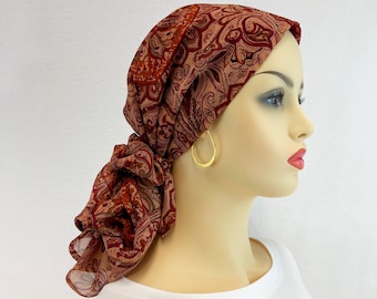Pre Tied Chemo Head Scarf~Women's Cancer Scarf~Chemo Turban~Sheer Burgundy/Rust Printed Chiffon~Adjustable Toggle~Wear it Long or Short#1096