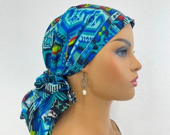 Pañuelo para la cabeza de quimioterapia pre atado ~ Bufanda para el cáncer de mujer ~ Turbante de quimioterapia ~ Estampado turquesa de gasa pura ~ Interruptor ajustable ~ Úselo largo o corto # 818