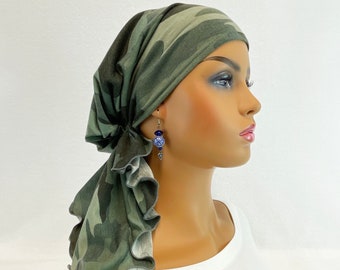 Foulard chimio pré-noué ~ écharpes cancer pour femmes ~ chapeaux chimio ~ casquettes ~ turbans ~ cadeaux de chimio ~ écharpe en tricot camouflage bohème #961