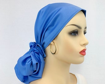 Écharpe de tête de chimio pré-attachée -Écharpe de cancer des femmes -Chemo Turban-Chemo Cap-Sky Blue-Adjustable Toggle-Wear it Long or Short 851