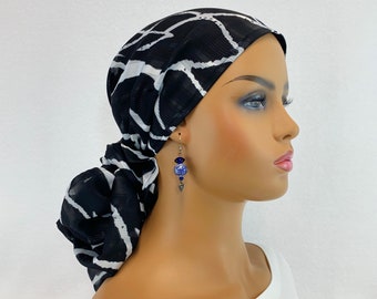 Pre Tied Chemo Head Scarf~Women's Cancer Scarf~Chemo Turban~Sheer Chiffon~Black & White Abstact~Adjustable Toggle~Wear it Long or Short#950