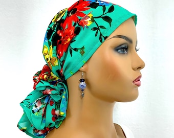 Pre Tied Chemo Head Scarf~Women's Cancer Scarf~Chemo Turban~Sheer Teal Floral Chiffon~Adjustable Toggle~Wear it Long or Short#878