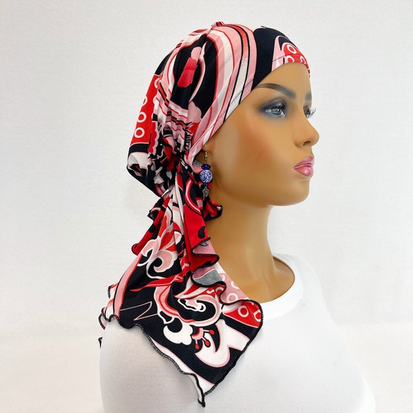 Pre Tied Chemo Head Scarf~Women's Cancer Scarves~Chemo Hats~Caps~Turbans~Chemo Gifts~Boho Red/Pink Paisley Abstract Knit Scarf#1102