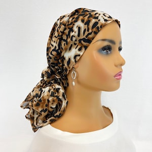 Pre Tied Chemo Head Scarf~Women&#39;s Cancer Scarf~Chemo Turban~Sheer Brown/Cream Cheetah Chiffon~Adjustable Toggle~Wear it Long or Short#1064