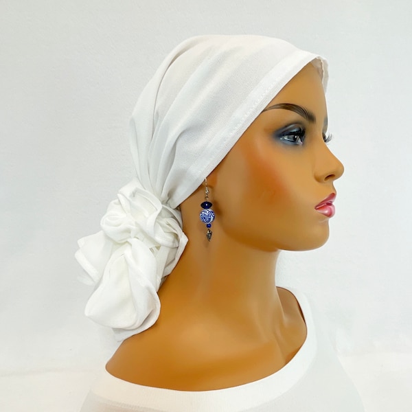 Pre Tied Chemo Head Scarf~Women's Cancer Scarf~Chemo Turban~Sheer Textured White Gorgette~Adjustable Toggle~Wear it Long or Short#968