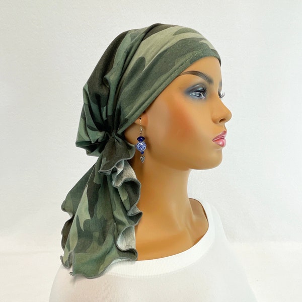 Foulard chimio pré-noué ~ écharpes cancer pour femmes ~ chapeaux chimio ~ casquettes ~ turbans ~ cadeaux de chimio ~ écharpe en tricot camouflage bohème #961