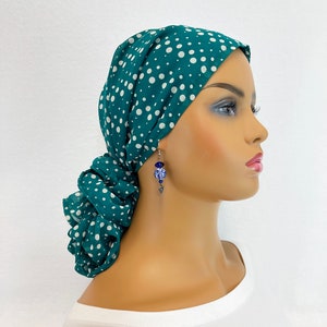 Pre Tied Chemo Head Scarf~Women's Cancer Scarf~Chemo Turban~Sheer Teal Polka Dot Chiffon~Adjustable Toggle~Wear it Long or Short#1000