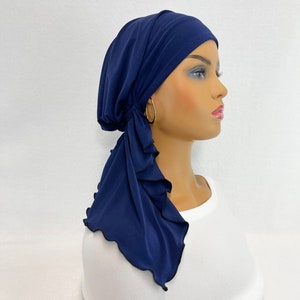 Pre Tied Chemo Head Scarf~Women's Cancer Scarves~Chemo Hats~Caps~Turbans~Chemo Gifts~Boho Navy ITY Knit Scarf#1042