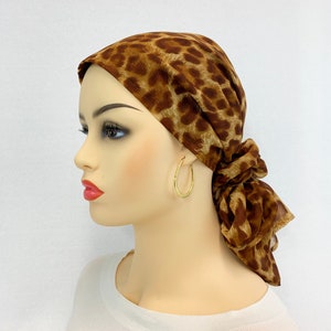 Pre Tied Chemo Head Scarf~Women&#39;s Cancer Scarf~Chemo Turban~Sheer Chiffon Cheetah~Adjustable Toggle~Wear it Long or Short#816