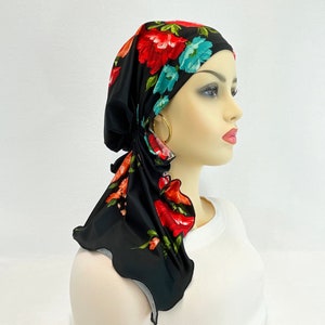Pre Tied Chemo Head Scarf~Women's Cancer Scarves~Chemo Hats~Caps~Turbans~Chemo Gifts~Boho Black Floral Knit Scarf#1023