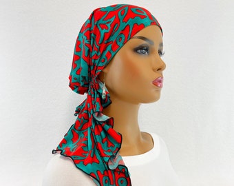 Bufanda de cabeza de quimio preatada ~ Bufandas de cáncer de mujer ~ Sombreros de quimio ~ Gorras ~ Turbantes ~ Regalos de quimio ~ Bufanda de punto abstracto Boho Coral / Turquesa # 1150