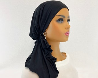 Pre gebonden chemo hoofddoek ~ vrouwen kanker sjaals ~ chemo hoeden ~ petten ~ tulbanden ~ chemo geschenken ~ Boho geborsteld zwarte gebreide sjaal #1022