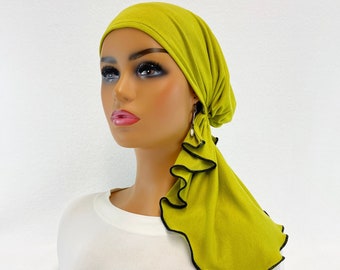 Pre Tied Chemo Head Scarf~Women's Cancer Scarves~Chemo Hats~Caps~Turbans~Chemo Gifts~Boho Lime French Terry Knit Scarf#1161