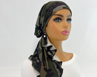 Pre Tied Chemo Head Scarf~Women's Cancer Scarves~Chemo Hats~Caps~Turbans~Chemo Gifts~Boho Dark Green Camo Knit Scarf#2132