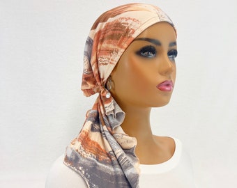 Pre Tied Chemo Head Scarf~Women's Cancer Scarves~Chemo Hats~Caps~Turbans~Chemo Gifts~Boho Brushed Knit~Rust/Peach/Gray Brush Stroke#2122