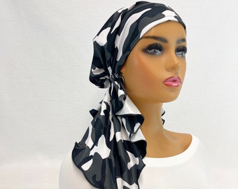 Pre Tied Chemo Head Scarf~Women's Cancer Scarves~Chemo Hats~Caps~Turbans~Chemo Gifts~Boho Brushed Black/Gray/White Camo Knit Scarf#2184