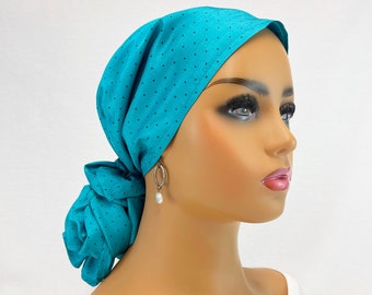 Bufanda de cabeza de quimioterapia preatada ~ Bufanda de cáncer de mujer ~ Turbante de quimioterapia ~ Teal sedoso / Mini punto negro ~ Palanca ajustable ~ Usar largo o corto #2169