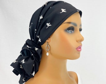Pre Tied Chemo Head Scarf~Women's Cancer Scarf~Chemo Turban~Black/White Cat~Adjustable Toggle~Wear Long or Short#2195